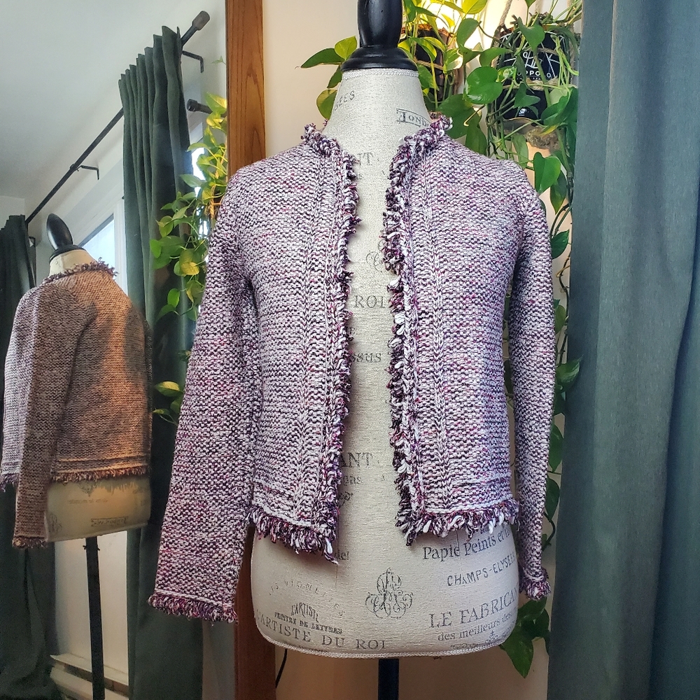 MASSIMO DUTTI | Purple Tweed Frayed Hem Open Italian Yarn Blazer (Size S) - Picture 10 of 14